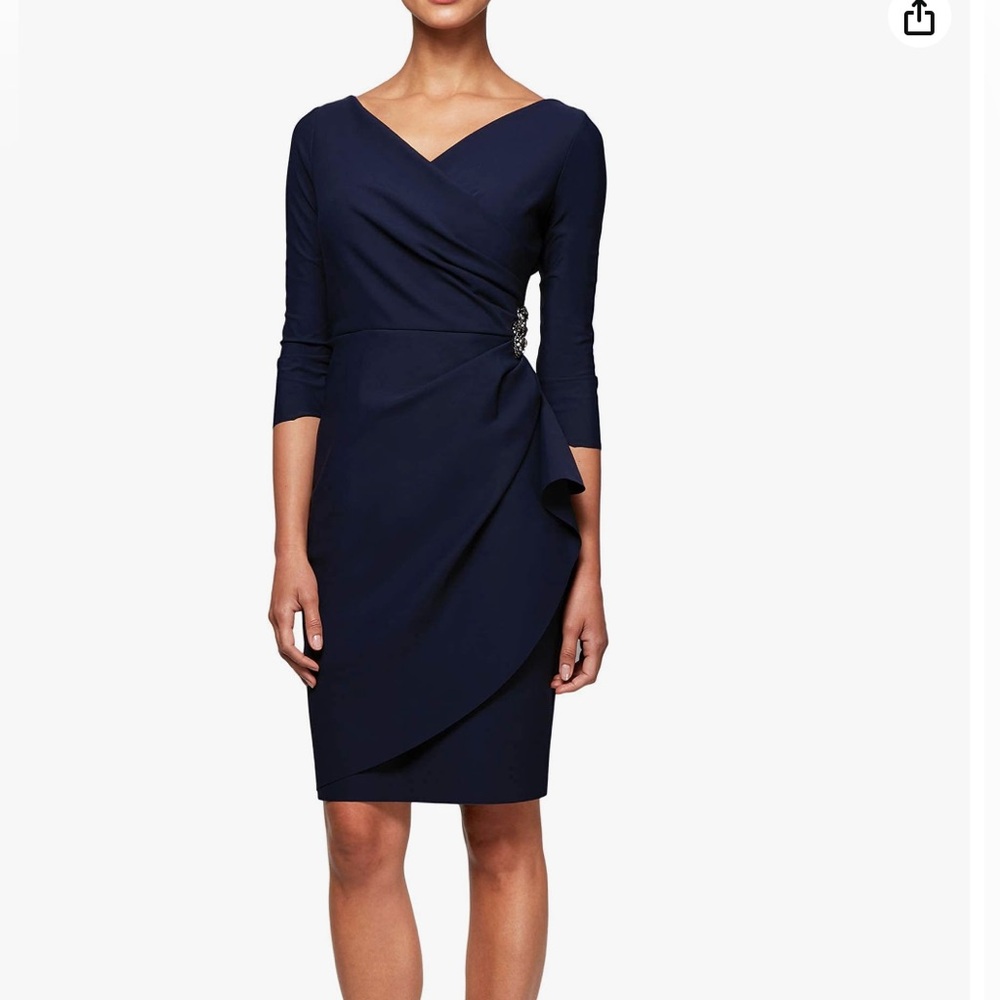 Alex Evening Women’s Slimming, Short, 3/4 Sleeve Dress, Surplus Neckline - Navy